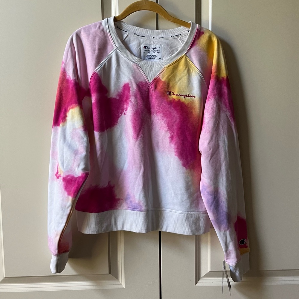 NWT Champion Multi Wash Campus French Terry tie dye cropped sweatshirt Size L - Picture 2 of 9